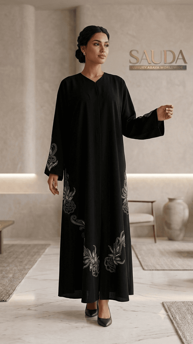 Elegant Black Floral Embroidered Luxury Abaya - Luxury Abaya Couture