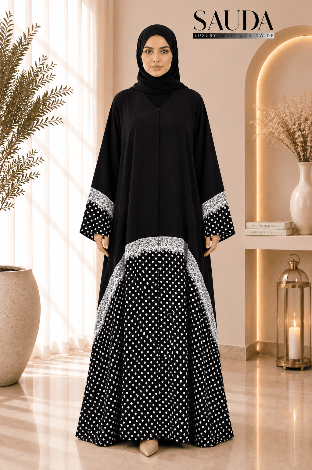 Midnight Polka Lace Luxury Abaya - Luxury Abaya Couture