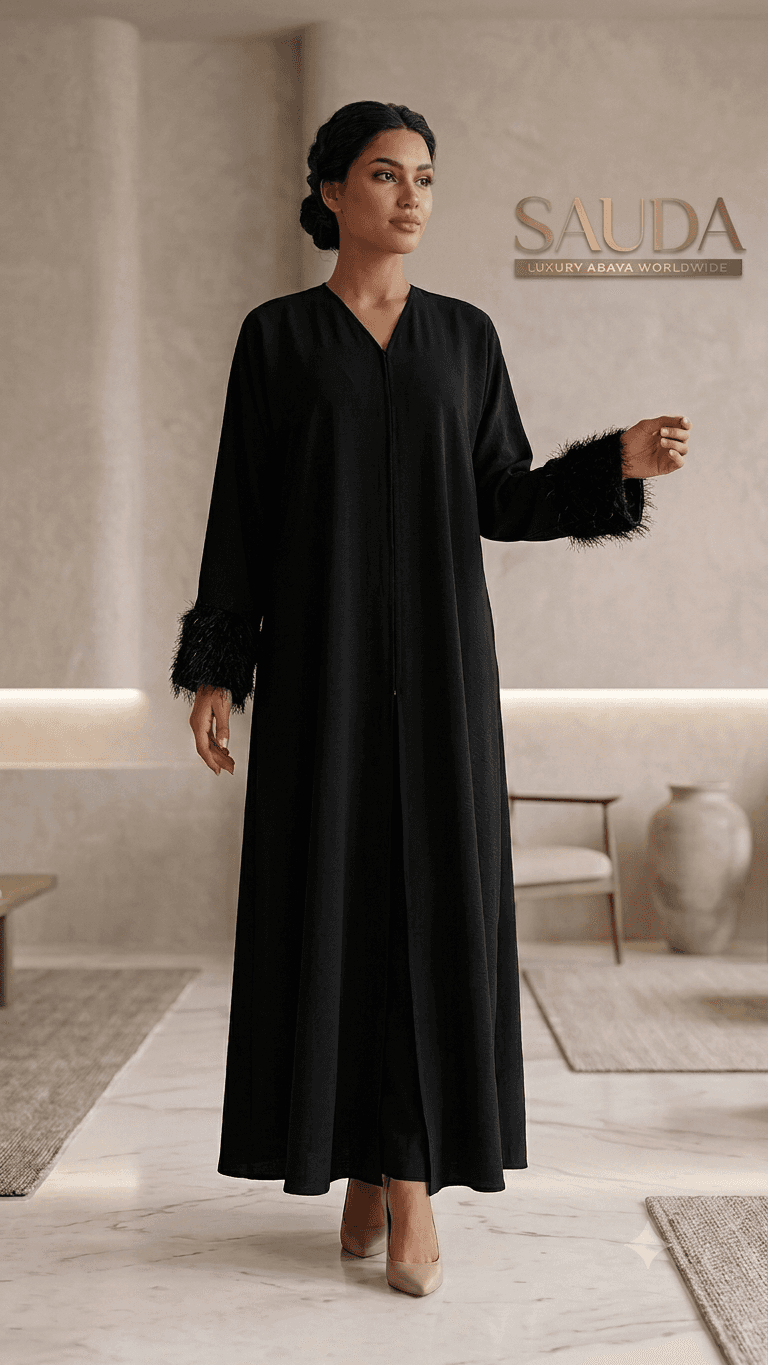 Luxury Black Feather Cuff Abaya - Luxury Abaya Couture