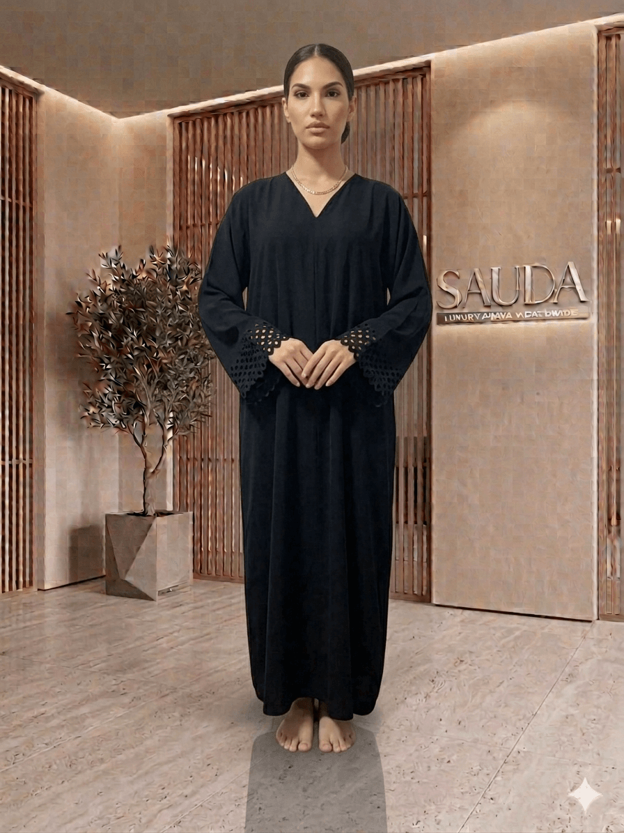 Elegant Korean Nida Abaya with Laser-Cut Lace Sleeves - Luxury Abaya Couture