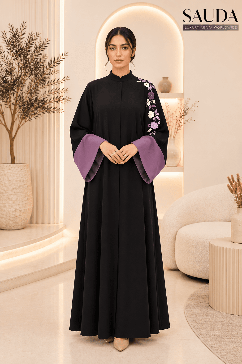 Midnight Lavender Bloom Embroidered Abaya - Luxury Abaya Couture