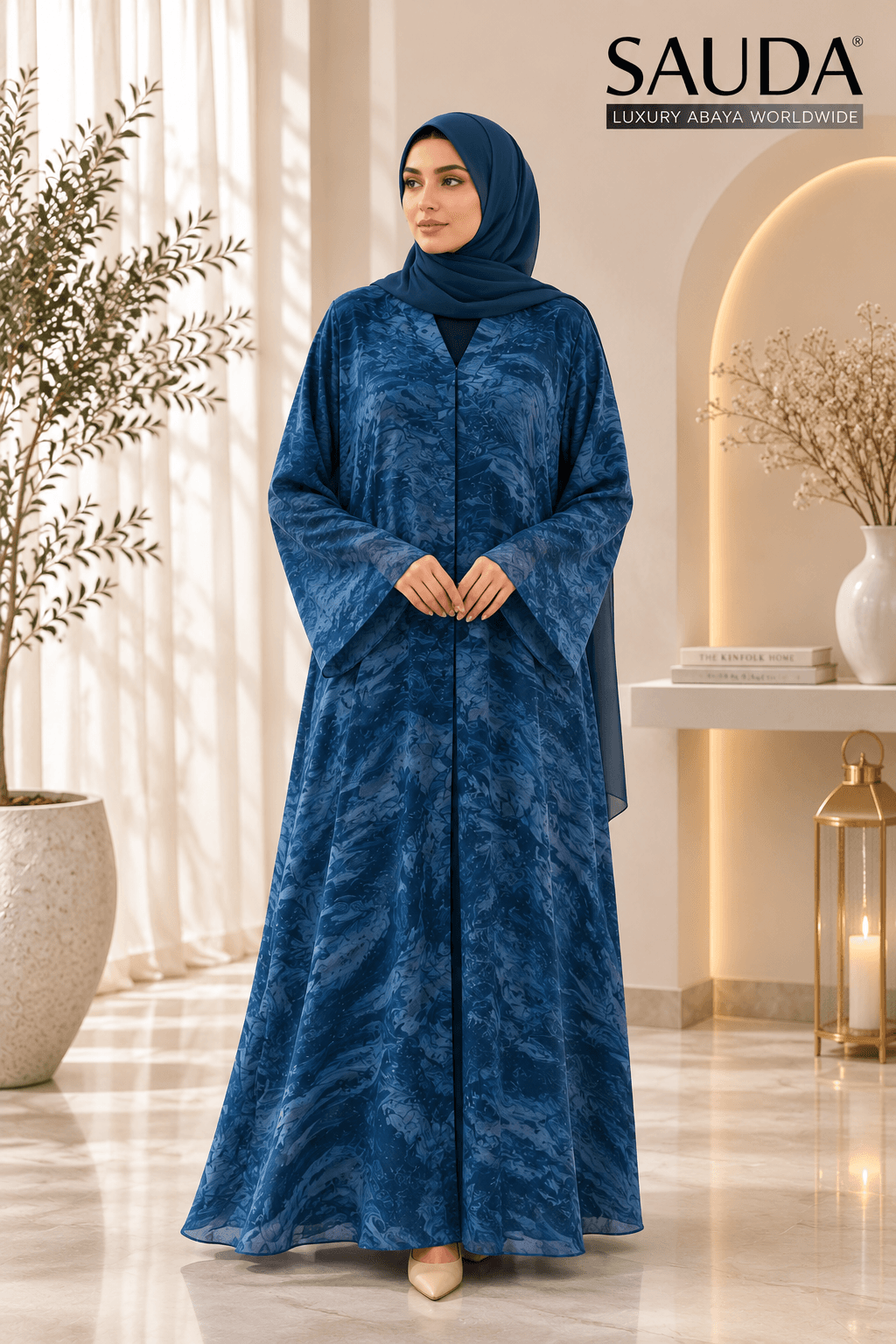 Sauda Ocean Blue Marble Chiffon Abaya - Luxury Abaya Couture