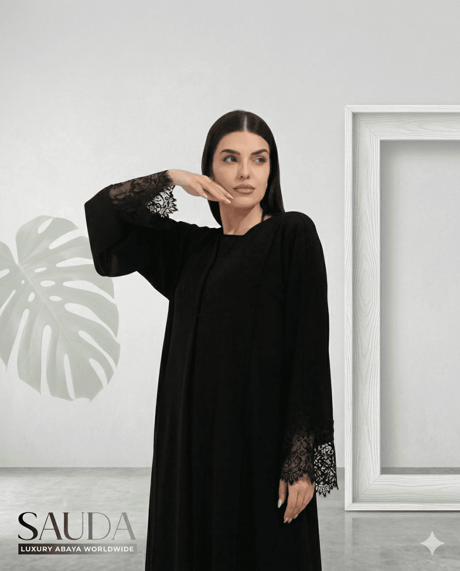 Elegant Black Lace-Sleeve Abaya - Luxury Abaya Couture