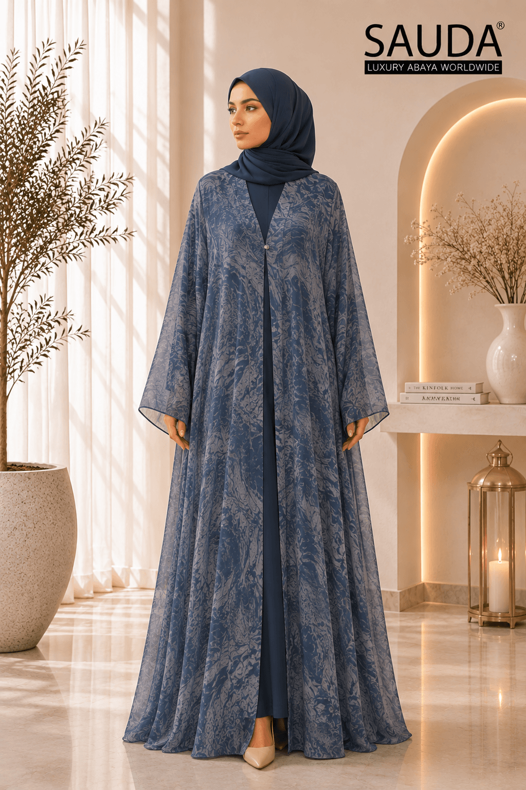 Sauda Blue Marble Chiffon Luxury Abaya - Luxury Abaya Couture